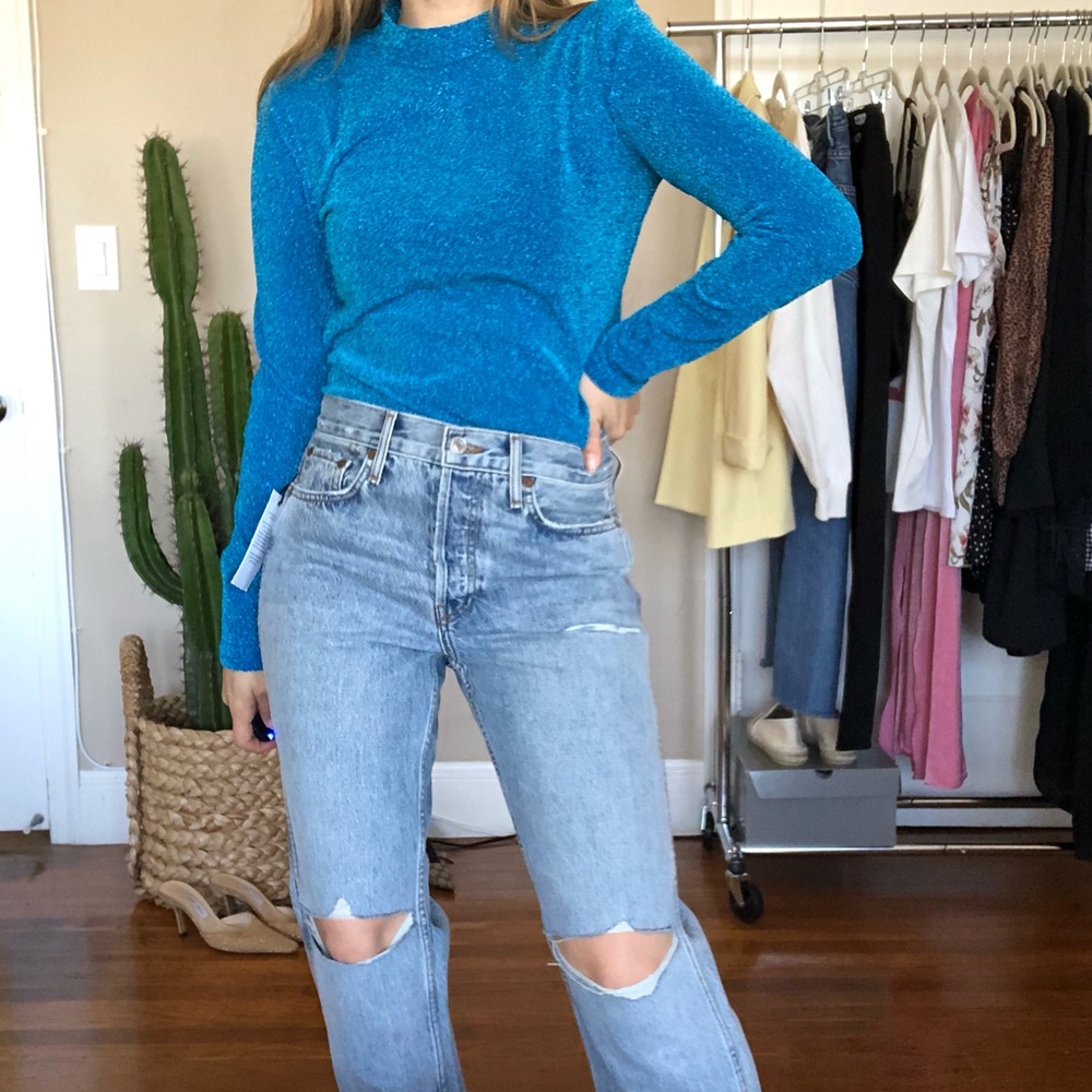TopShop blue sparkle long sleeve mock turtleneck